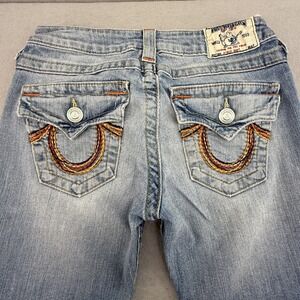 True Religion Jeans 26 Hi Rise Boot Cut Rainbow Stitch Flap Pockets Y2K USA
